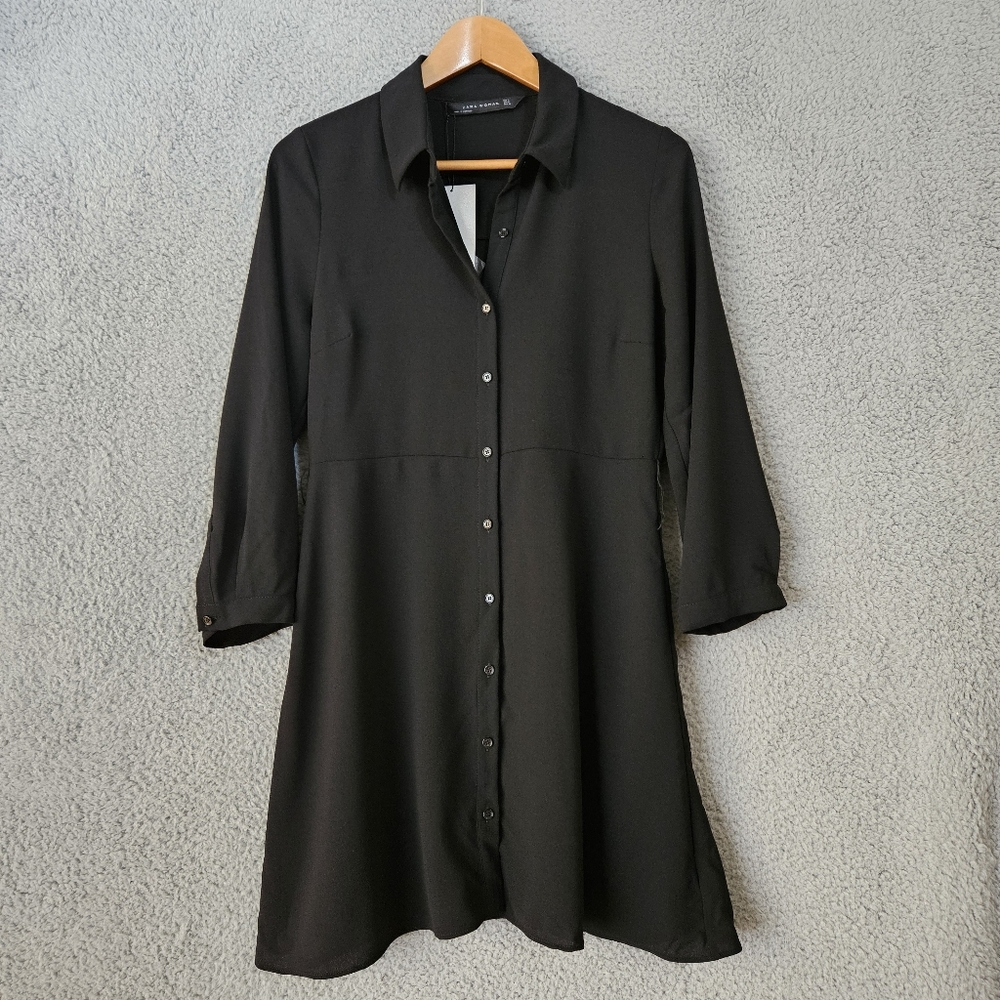Zara Black Mini Shirt Dress Medium M 3/4 Long Sleeve A-Line Casual Minimalist - Picture 2 of 14